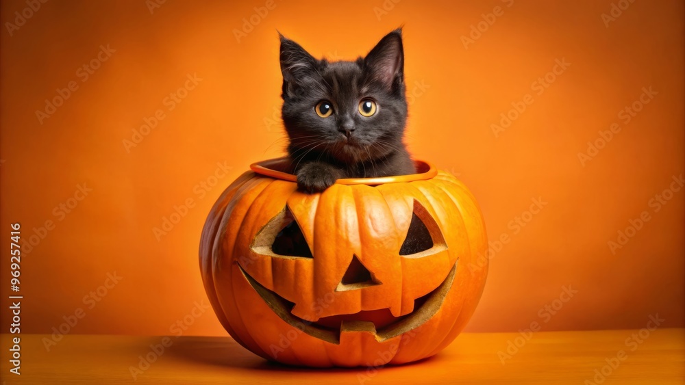 A tiny black kitten sits regally in a carved pumpkin, surrounded by swirling orange leaves and twinkling lights A tiny black kitten sits regally in a carved pumpkin, surrounded by swirling orange leaves and twinkling lights