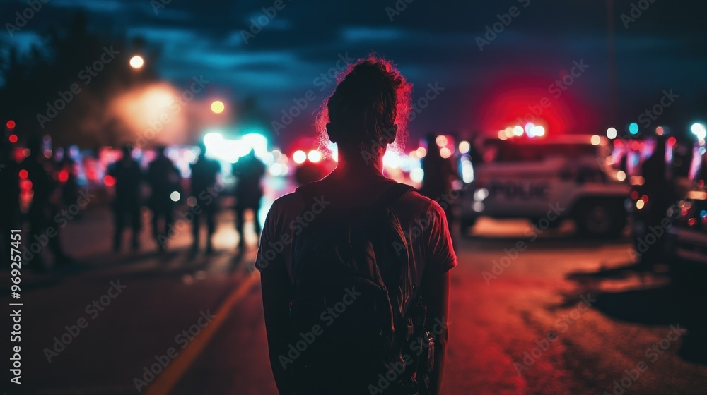 A person stands in silhouette against a backdrop of emergency lights and police presence. A person stands in silhouette against a backdrop of emergency lights and police presence.