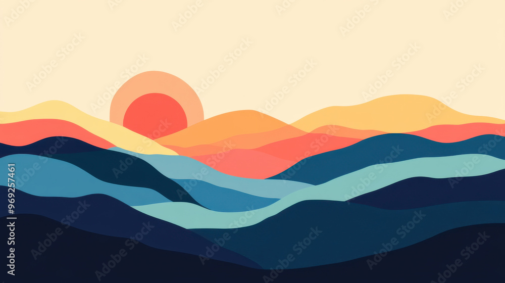 A vibrant sunrise over stylized mountain range symbolizes start of new day, with warm colors blending harmoniously in sky and hills A vibrant sunrise over stylized mountain range symbolizes start of new day, with warm colors blending harmoniously in sky and hills