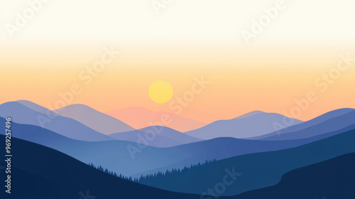 A serene sunrise over mountain range symbolizes start of new day, casting warm hues across landscape. gentle gradients create peaceful atmosphere photo