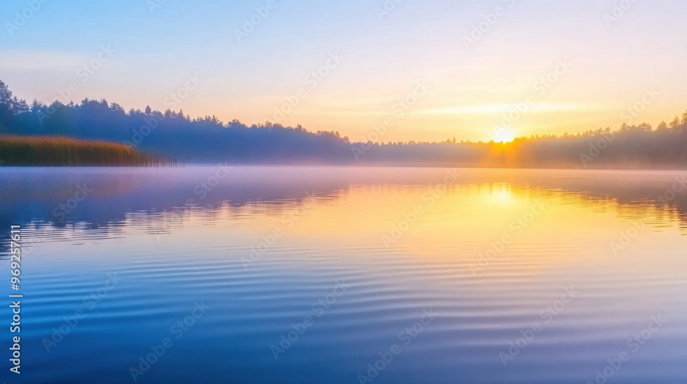 Fototapeta premium A serene sunrise reflected in calm lake, symbolizing beauty of nature and tranquility. soft colors create peaceful atmosphere, inviting reflection and calmness