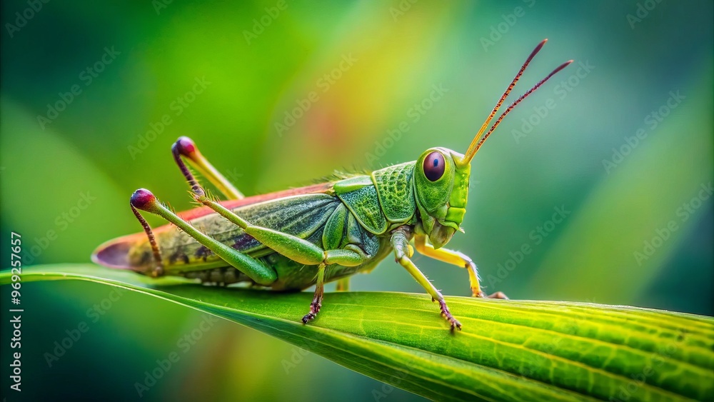A tiny green grasshopper sits quietly on a soft, emerald green leaf, its intricate features blurred in the A tiny green grasshopper sits quietly on a soft, emerald green leaf, its intricate features blurred in the