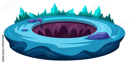 A stylized, deep circular hole surrounded by jagged rocks and turquoise crystals, set against a backdrop of jagged green foliage