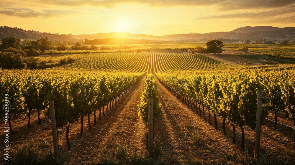 Fototapeta premium A picturesque vineyard at sunset, showcasing rows of grapevines and scenic hills.