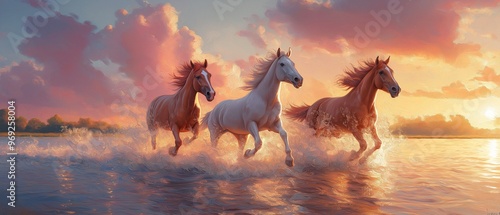 A stunning scene of horses galloping through the ocean surf against a backdrop of a vibrant, colorful sunset.