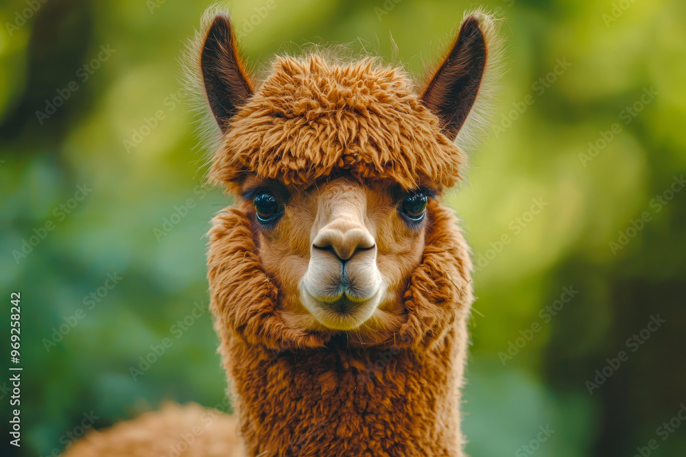 Obraz premium Portrait of brown color alpaca in open zoo or contact farm. Funny looking animal.