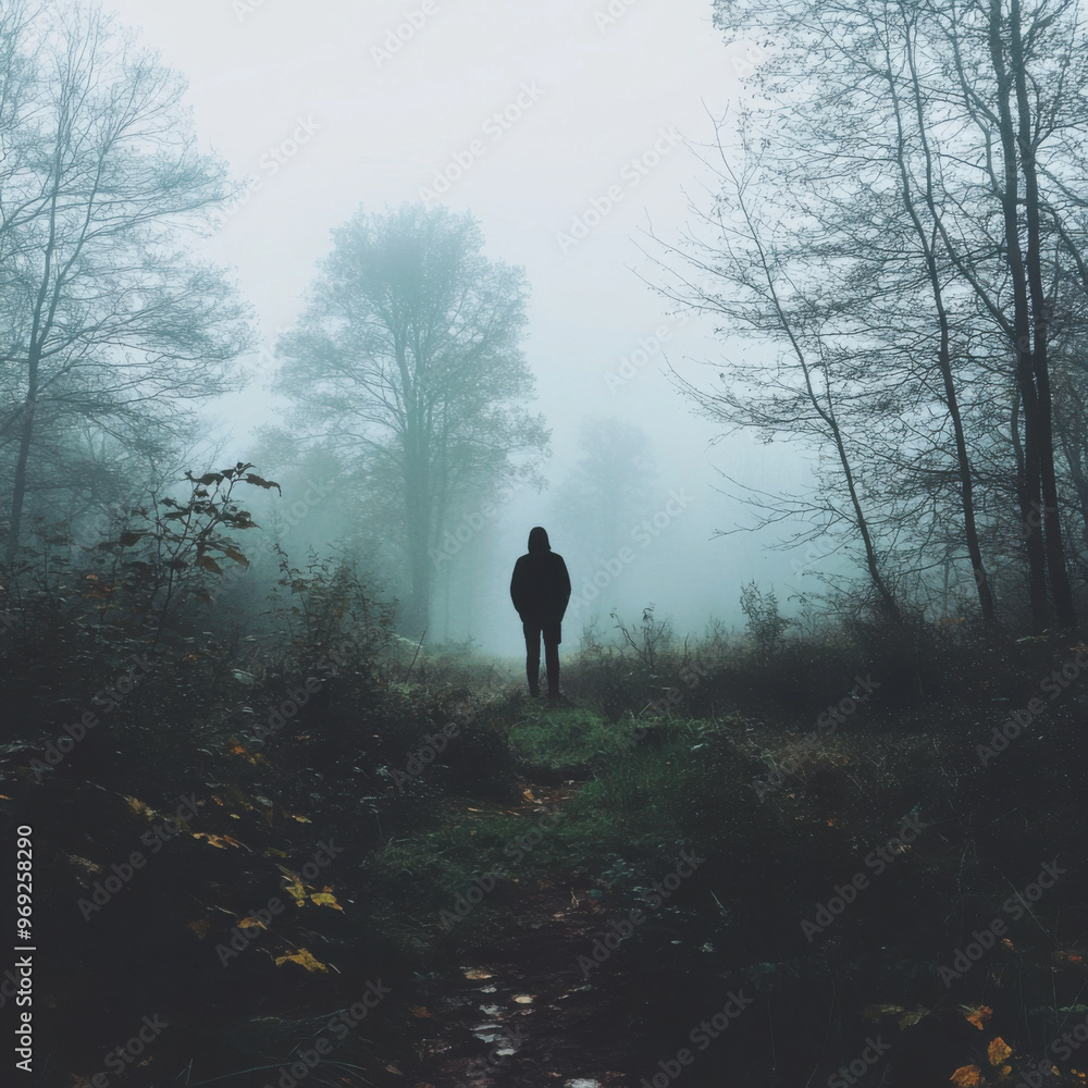 A lonely figure standing in misty empty forest, surrounded by tall trees and dense fog, evokes sense of solitude and mystery A lonely figure standing in misty empty forest, surrounded by tall trees and dense fog, evokes sense of solitude and mystery