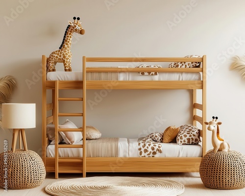 A safari-themed kids' room with a wooden bunk bed, giraffe-shaped lamps, and wild animal print decor, Digital Art, Adventurous and playful photo