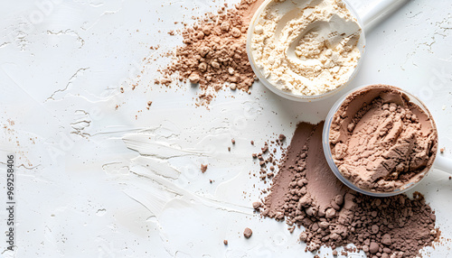 Protein powder and scoop on white background photo