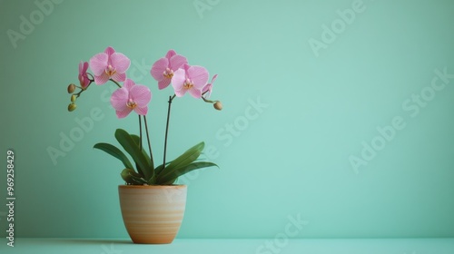 Wallpaper Mural A potted orchid with pink flowers on a mint green background. Torontodigital.ca