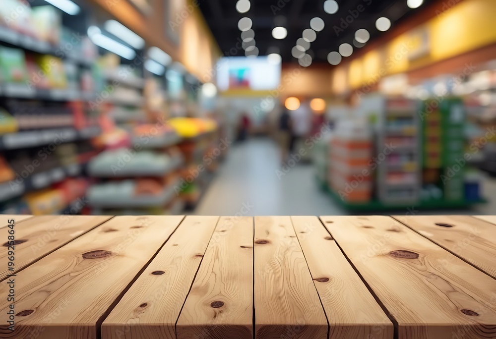 Empty wood table top with supermarket blurred background for product display
Empty wood table top with supermarket blurred background for product display