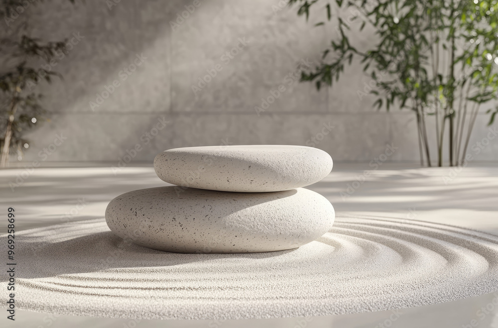 Tranquil Zen Garden with Sand Patterns and an Empty Stone Bench for Relaxation Tranquil Zen Garden with Sand Patterns and an Empty Stone Bench for Relaxation