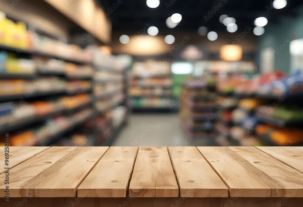 Empty wood table top with supermarket blurred background for product display
Empty wood table top with supermarket blurred background for product display