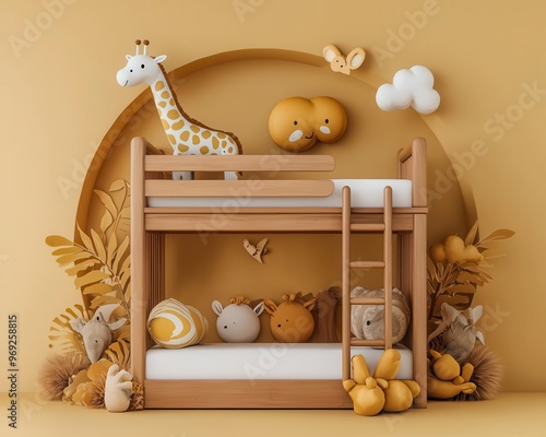 A safari-themed kids' room with a wooden bunk bed, giraffe-shaped lamps, and wild animal print decor, Digital Art, Adventurous and playful photo