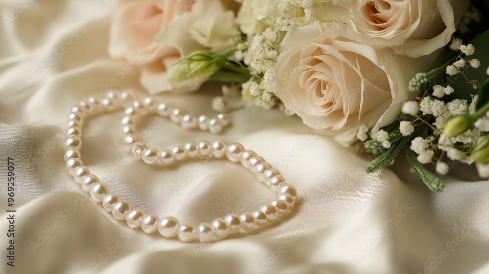 A pearl necklace lying beside a bridal bouquet on a silk cloth, creating a soft, romantic wedding scene. A pearl necklace lying beside a bridal bouquet on a silk cloth, creating a soft, romantic wedding scene.