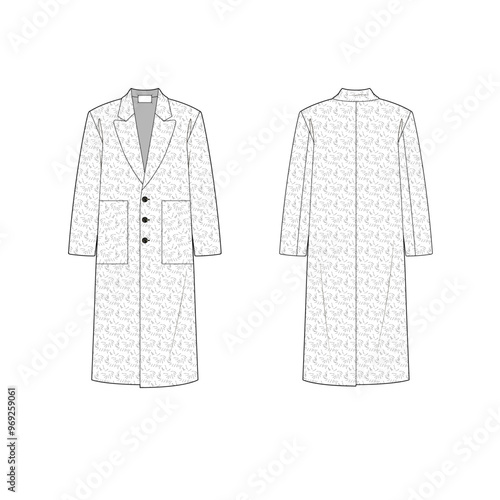 Oversize long coat vector sketch. Lapel collar long sleeve outerwear with three buttons. Short fur wool texture and oversize patch pockets.