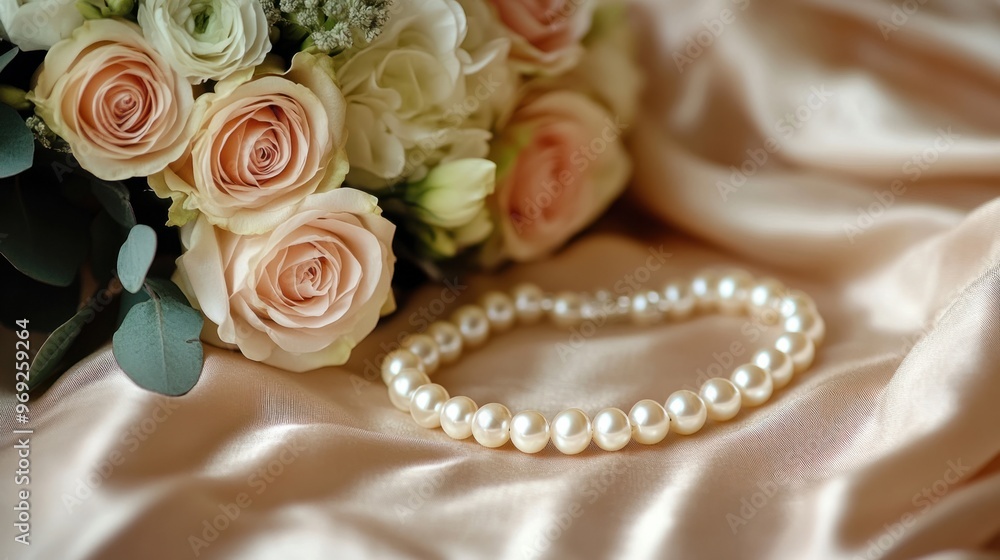 A pearl necklace lying beside a bridal bouquet on a silk cloth, creating a soft, romantic wedding scene. A pearl necklace lying beside a bridal bouquet on a silk cloth, creating a soft, romantic wedding scene.