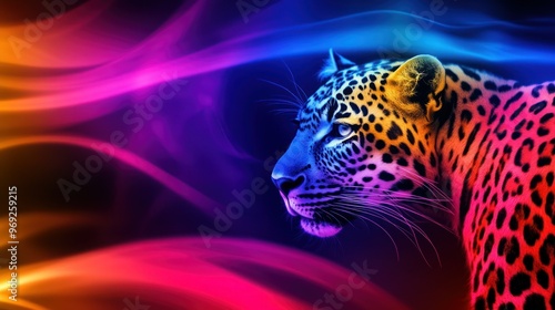 A vibrant, colorful illustration of a leopard against a swirling abstract background.