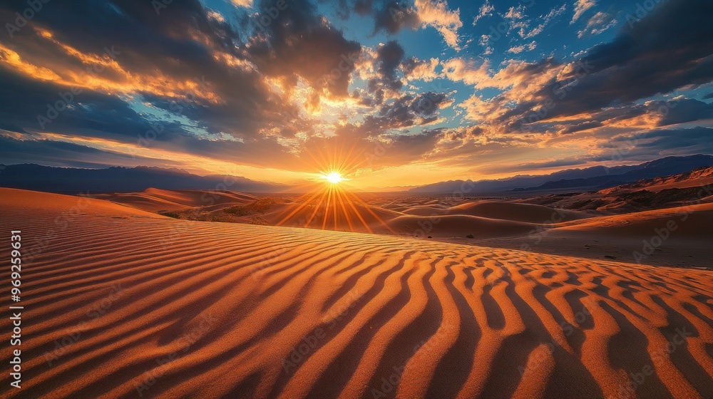 Naklejka premium A stunning sunset over sand dunes, showcasing vibrant colors and textured patterns.