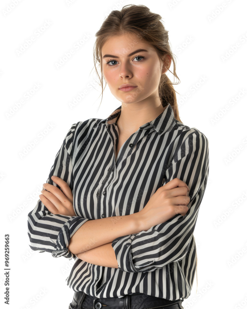 confident young woman in striped shirt and crossed arms looking seriously, isolated confident young woman in striped shirt and crossed arms looking seriously, isolated