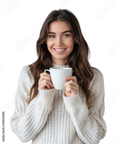 beautiful brunette woman enjoying hot tea isolated