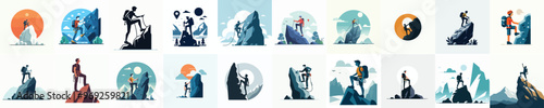 vector set of people hiking climbing cliffs in flat design style