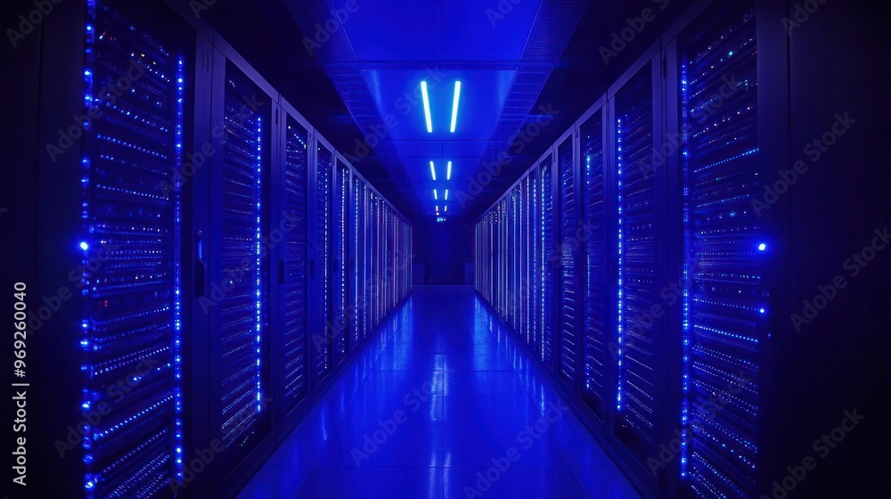 A dimly lit server room with blue lighting illuminating rows of data servers. A dimly lit server room with blue lighting illuminating rows of data servers.