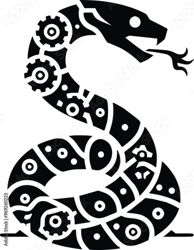 Black and White Illustration of a Mechanized Snake Coiling
