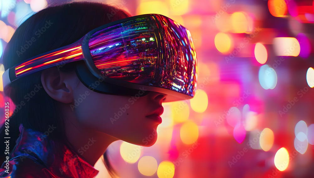 A futuristic woman wearing sleek virtual reality goggles in a vibrant, colorful environment, showcasing modern technology and immersion. A futuristic woman wearing sleek virtual reality goggles in a vibrant, colorful environment, showcasing modern technology and immersion.