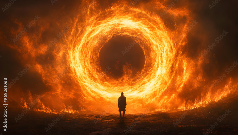A figure stands before a massive fire ring, embodying a sense of awe and danger in a magical, surreal landscape. A figure stands before a massive fire ring, embodying a sense of awe and danger in a magical, surreal landscape.