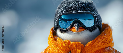 A cute penguin wearing a vibrant orange jacket and sunglasses, set against a stunning icy backdrop, exuding a playful winter vibe. photo