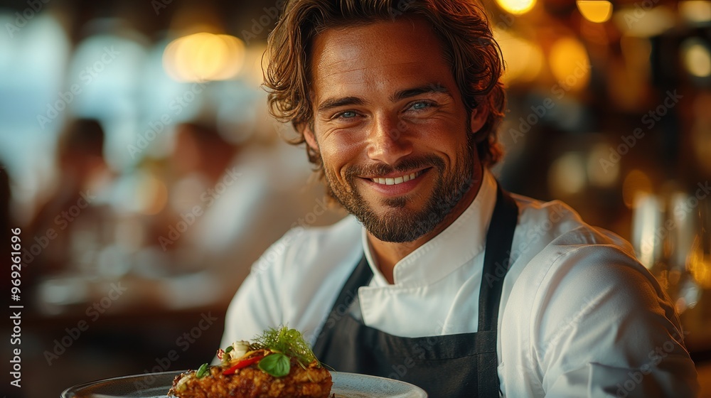 Chef smiling while presenting a gourmet dish in a restaurant setting. Chef smiling while presenting a gourmet dish in a restaurant setting.
