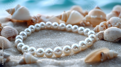 Elegant pearl bracelet resting on sandy beach with seashells, capturing the serene beauty of coastal treasures.