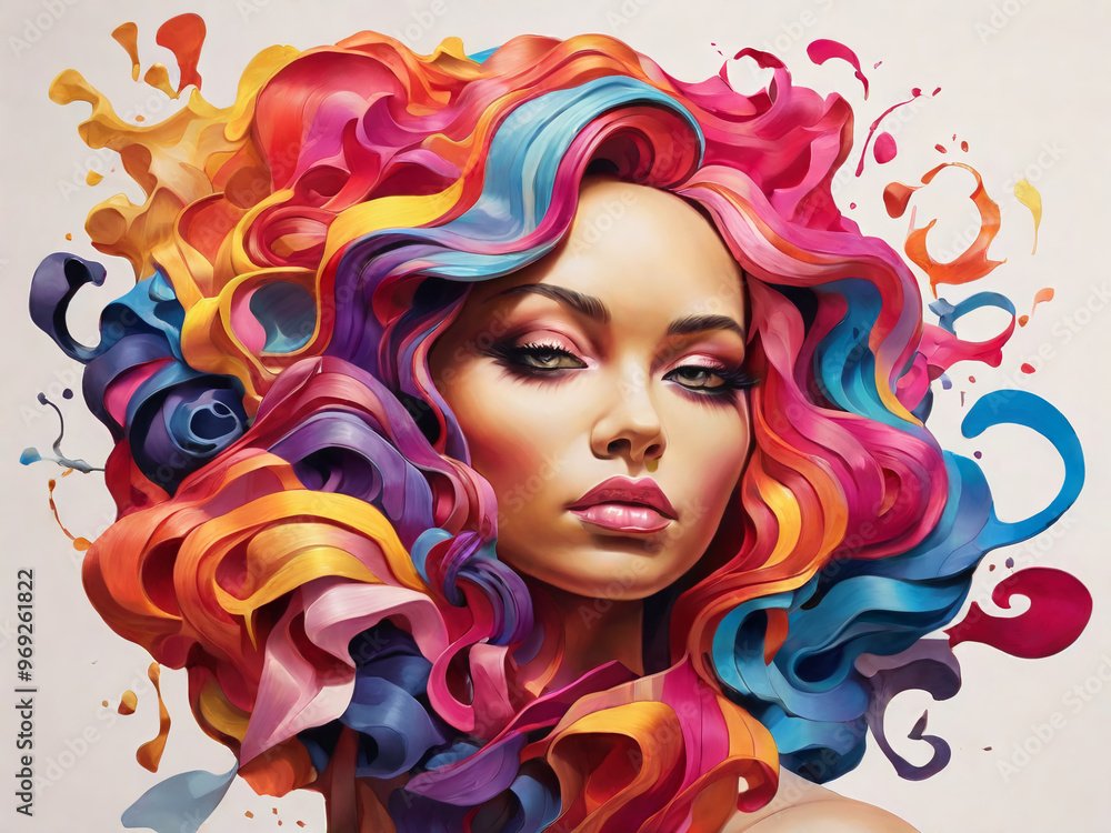 flat 2D illustration, spectacular elegant girl with colored hair looks straight ,AI generated flat 2D illustration, spectacular elegant girl with colored hair looks straight ,AI generated