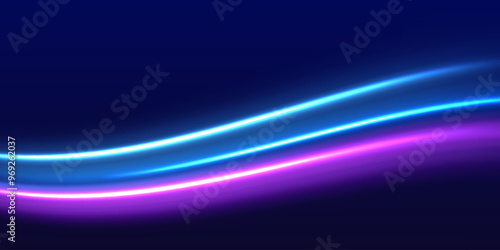 Speed police line. Laser beams, horizontal light rays. Purple glowing wave swirl. High speed effect motion blur night lights. High speed effect motion blur lights for banners.