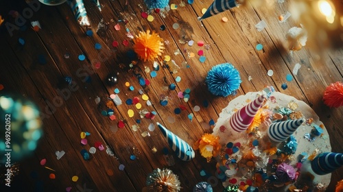 A festive scene with colorful party hats, confetti, and a decorated cake on a wooden table. photo