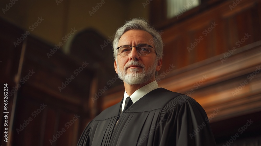 A dignified judge stands confidently, exuding authority and wisdom. A dignified judge stands confidently, exuding authority and wisdom.