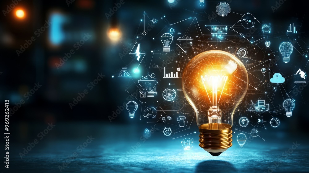 A glowing light bulb with abstract data symbols around it. A glowing light bulb with abstract data symbols around it.