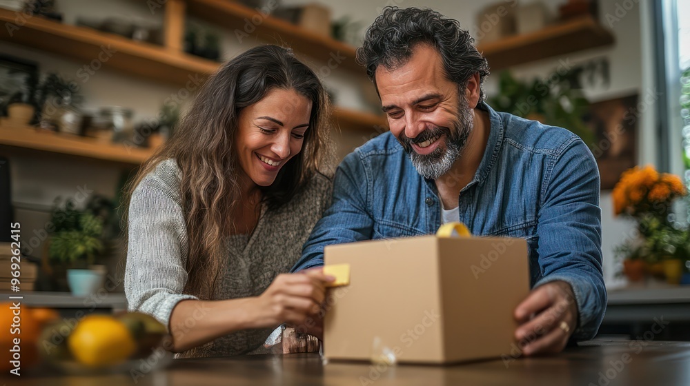 A man and woman are opening a box together A man and woman are opening a box together