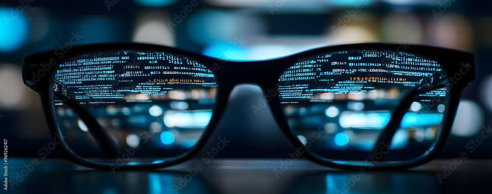 Close-up view of glasses reflecting code, symbolizing technology, innovation, and digital insights in modern environments. Close-up view of glasses reflecting code, symbolizing technology, innovation, and digital insights in modern environments.