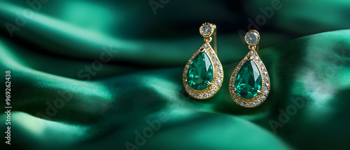 Elegant gold earrings featuring exquisite green gemstones, beautifully displayed on luxurious emerald silk. photo