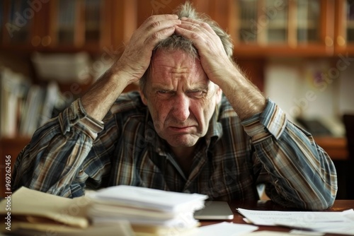 a man sitting at a desk, holding his head in his hands with a stressed expression
