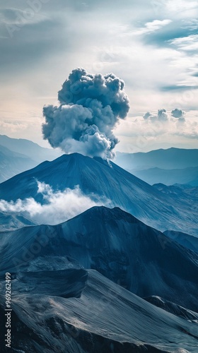 A breathtaking view of an active volcano erupting, with thick plumes of smoke and ash rising into the sky.