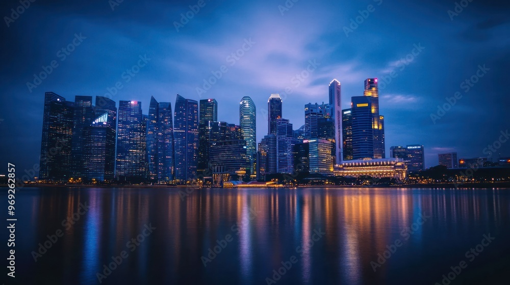 Naklejka premium A nighttime city skyline reflecting on water, showcasing modern architecture and urban beauty.