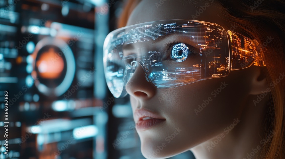 Smart contact lenses offering augmented reality displays: A person viewing digital overlays in their environment through AR contact lenses. Smart contact lenses offering augmented reality displays: A person viewing digital overlays in their environment through AR contact lenses.