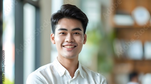 Young Asian Businessman Smiling in Modern Office, Business Theme, Professional, Portrait Shot, Office Setting