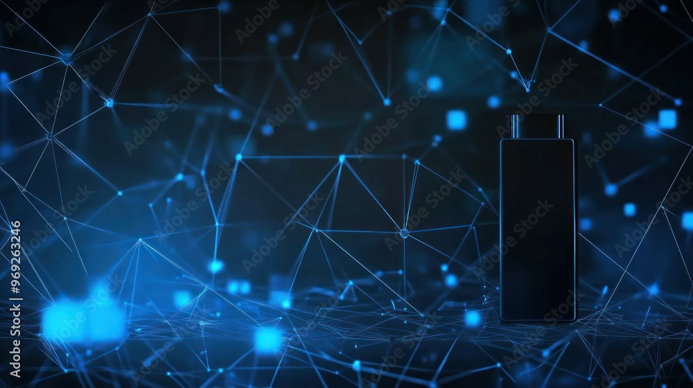 Fototapeta premium A sleek black bottle set against a digital network backdrop.