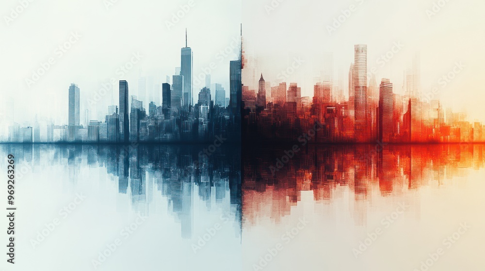 Obraz premium A striking visual representation of a city divided by economic policies illustrated through contrasting colors and reflections in a serene landscape.