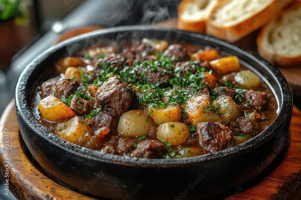 rustic beef bourguignon in cast iron pot steam rising crusty artisanal bread on side rich deep colors and textures on weathered wooden table rustic beef bourguignon in cast iron pot steam rising crusty artisanal bread on side rich deep colors and textures on weathered wooden table