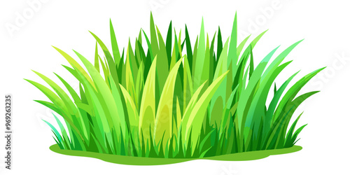 Lush green grass clump with varying shades of green and tall blades, softly curved at the base, set on a white background.